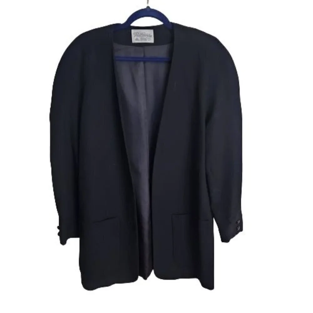Vintage Paul Stanley Black Pure Wool 90s Collarless Long Lines Blazer Size 6